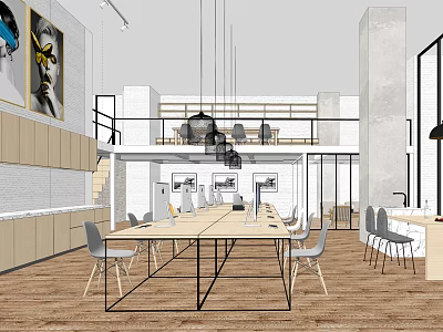Modern Open Public Office Space With Large Shared Desk Hanging Lights And Decorative Paintings 3d model