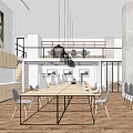Modern Open Public Office Space With Large Shared Desk Hanging Lights And Decorative Paintings