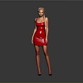 A woman in red shiny dress with long braided hair standing against grey background