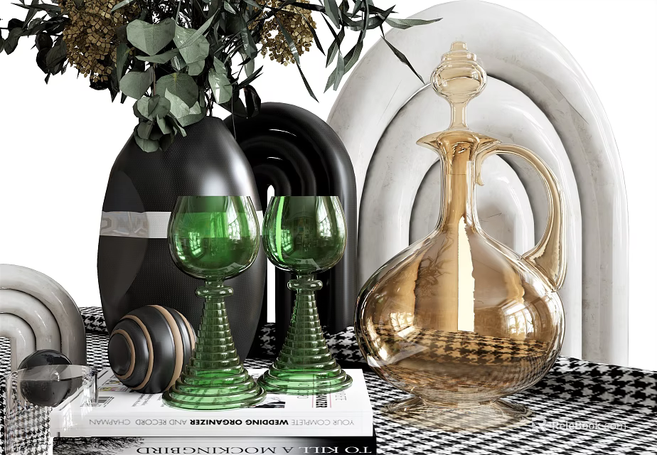 Elegant Green Wine Glasses And Golden Decanter In Stylish Table Setting With Books Floral Vase 3d model 