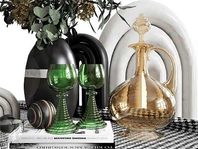 Elegant Green Wine Glasses And Golden Decanter In Stylish Table Setting With Books Floral Vase 3d model