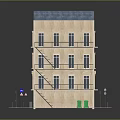 Wooden Multi Storey Building Model With Blue Roof External Stairs And Street Lamps