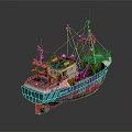 Fishing Boat With Blue And Red Hull Featuring Fishing Cranes And Equipment
