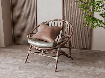 Rattan Leisure Chair With Brown Cushion Wooden Floor And Green Plant Setting 3d model