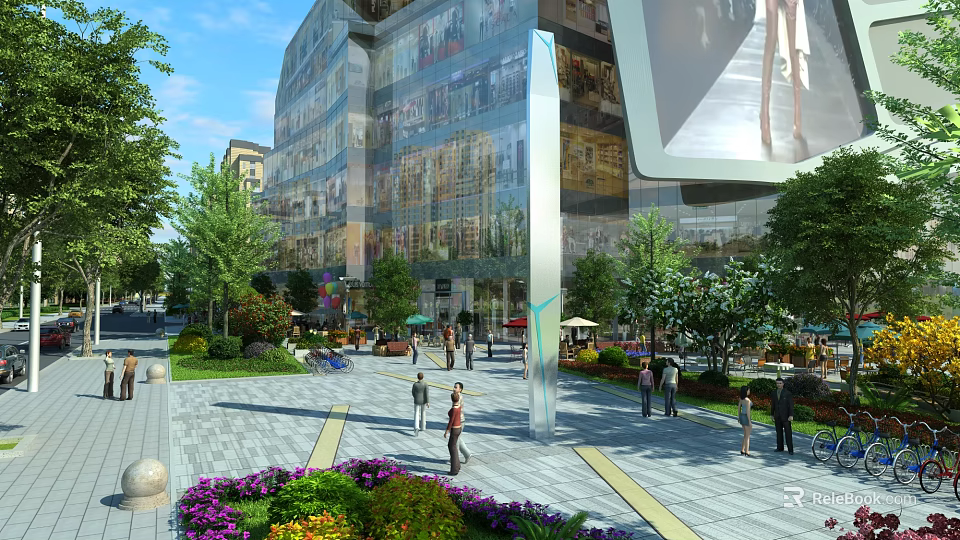Modern Commercial Street With Glass Facade Buildings Pedestrians Green Plants And Flower Beds 3d model 
