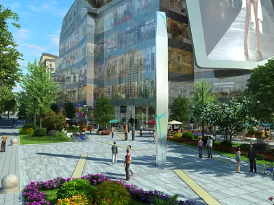 Modern Commercial Street With Glass Facade Buildings Pedestrians Green Plants And Flower Beds 3d model