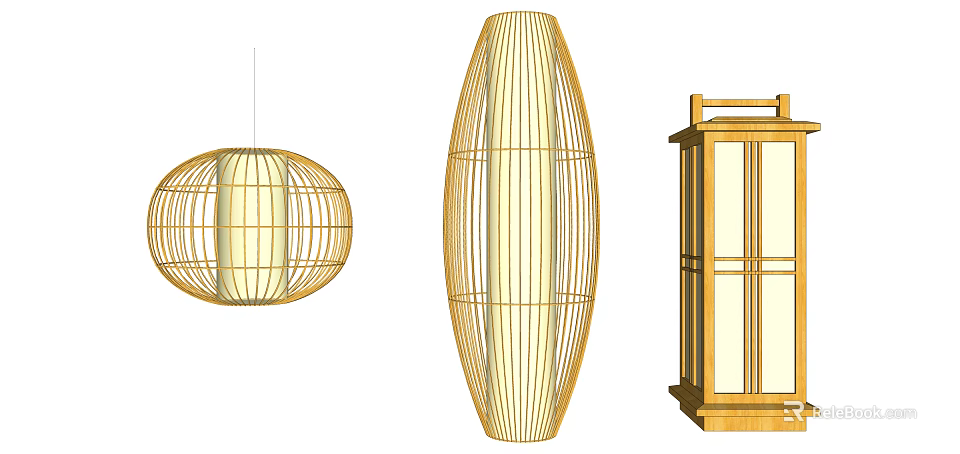 Natural Style Bamboo Wooden Lighting Combinations With Round Oval And Square Pendant Lanterns 3d model 