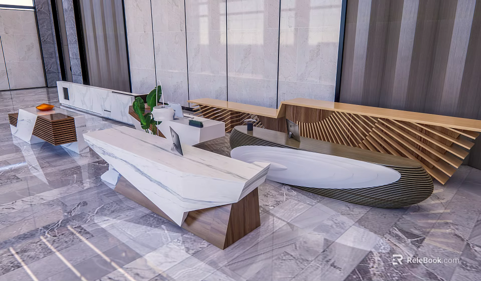 Modern Reception Desk With White Stone Top Wooden Accents And Green Plant Decor 3d model 