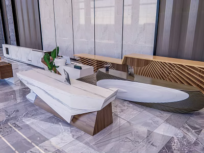 Modern Reception Desk With White Stone Top Wooden Accents And Green Plant Decor 3d model