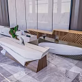 Modern Reception Desk With White Stone Top Wooden Accents And Green Plant Decor