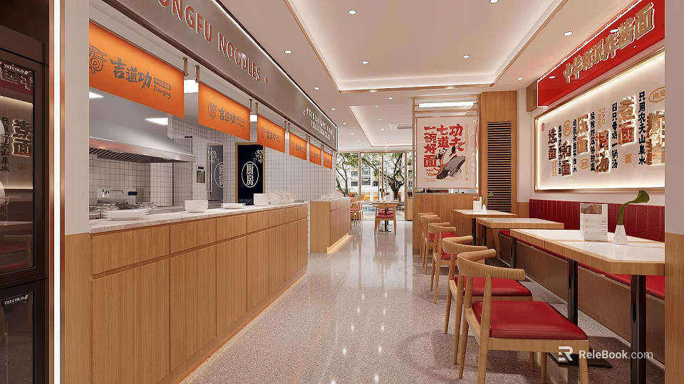 Modern Restaurant Interior With Open Kitchen Wooden Counters Red Seats And Tables 3d model 
