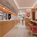 Modern Restaurant Interior With Open Kitchen Wooden Counters Red Seats And Tables