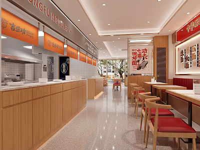 Modern Restaurant Interior With Open Kitchen Wooden Counters Red Seats And Tables 3d model