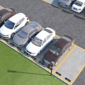 Organized Parking Lot With Neatly Arranged Cars Yellow Parking Lines And Green Grass Area