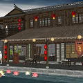 Traditional Commercial Street With Red Lanterns Oil Paper Umbrellas And Pedestrians