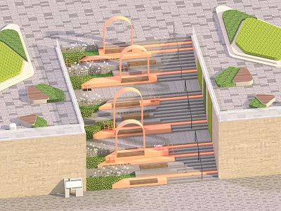 Scenic Terraced Staircase Landscape With Arches Green Plants And Brick Pavement 3d model