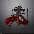 Man in Ancient Armor Wearing Red Robe With Golden Decorations Holding Bow and Sword