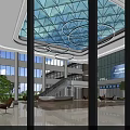 Hotel Lobby Modern Design With Glass Skylight Windows Staircase Seating Area Green Plants Marble Floor