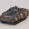 Modern Military Combat Tank Featuring Camouflage Pattern Tracks Dual Antennas And Turret