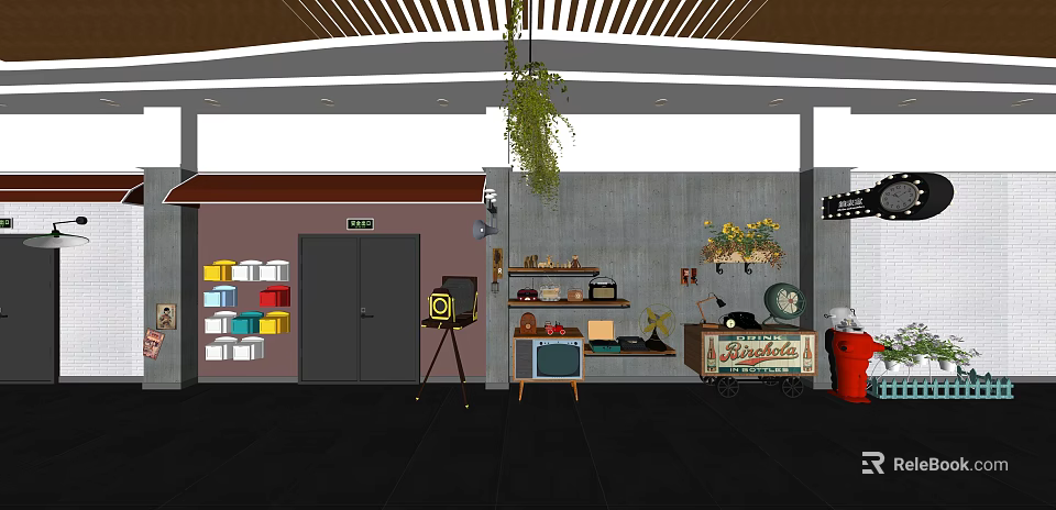Vintage Television On Tripod With Vintage Shelf Items Hanging Plant And Decor 3d model 
