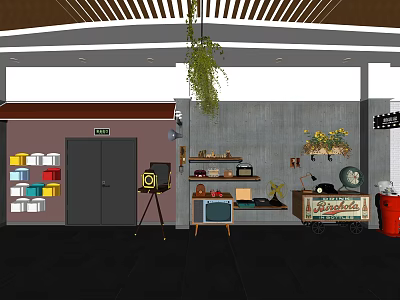 Vintage Television On Tripod With Vintage Shelf Items Hanging Plant And Decor 3d model