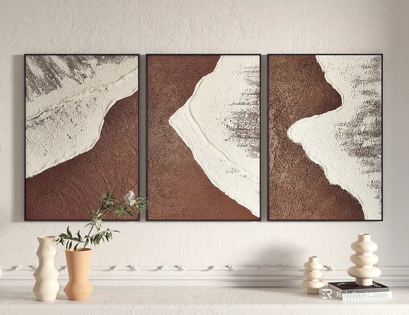 Triptych Abstract Paintings Brown White Textured Design On White Wall With Decorative Vases And Sculptures 3d model 