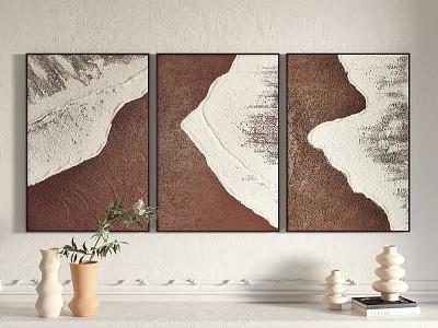 Triptych Abstract Paintings Brown White Textured Design On White Wall With Decorative Vases And Sculptures 3d model