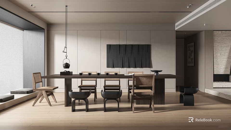 Modern Tea Room Interior Design With Wooden Table Chairs And Minimalist Wall Decor 3d model 
