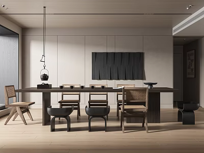 Modern Tea Room Interior Design With Wooden Table Chairs And Minimalist Wall Decor 3d model