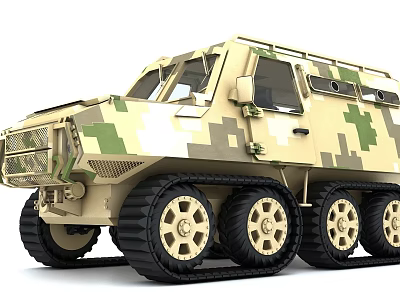 Military Camouflage Armored Tank With Heavy Duty Tracks And Large Wheels Design 3d model