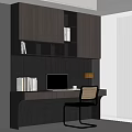 Modern Dark Gray Bookcase With Built in Compartments Desk Laptop Lamp Chair And Perforated Wall