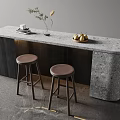 Contemporary Bar Counter With Concrete Top Wooden Stools Potted Plant And Fresh Fruits
