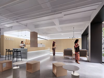 Modern Cafe Interior With Coffee Sign Wooden Counter Seating Area Hanging Lights And Customers 3d model