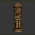 Carved Wooden Sculpture In Tall Columnar Shape With Facial Features And Geometric Facets