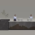 Modern Front Desk Reception Area With Two Receptionists Wooden Textured Counter And Green Plant Decoration