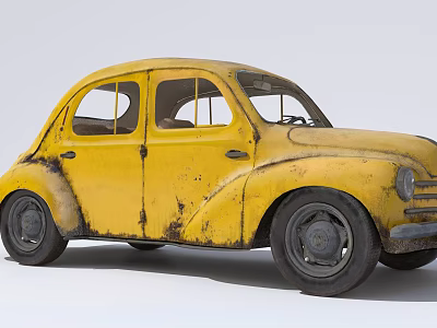 Classic Yellow Vintage Car With Rusty Body Worn Exterior And Scratches 3d model