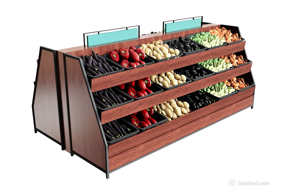Open Wooden Multi Tiered Fruit And Vegetable Display Shelf For Retail Store 3d model 
