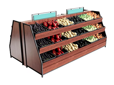 Open Wooden Multi Tiered Fruit And Vegetable Display Shelf For Retail Store 3d model