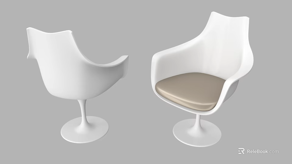 Stylish White Leisure Chair With Curved Backrest Armrests Beige Cushion Round Pedestal Base 3d model 