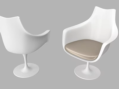 Stylish White Leisure Chair With Curved Backrest Armrests Beige Cushion Round Pedestal Base 3d model
