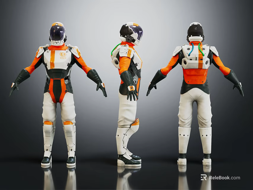 Astronaut Space Suit Design In Orange And White With Three Angles View For Space Exploration 3d model 