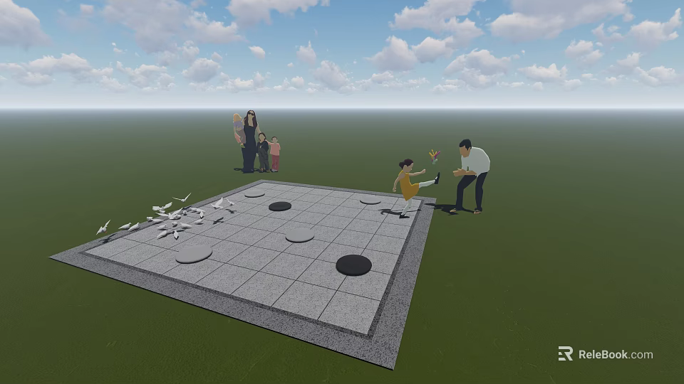 Public Square Landscape With Gray Tiled Area Black Circular Decorations Green Grass Families White Pigeons 3d model 