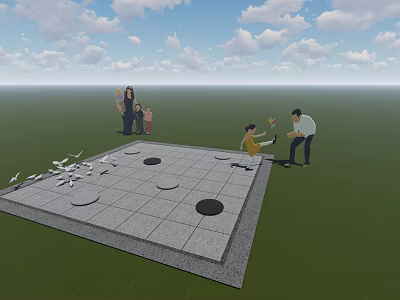Public Square Landscape With Gray Tiled Area Black Circular Decorations Green Grass Families White Pigeons 3d model