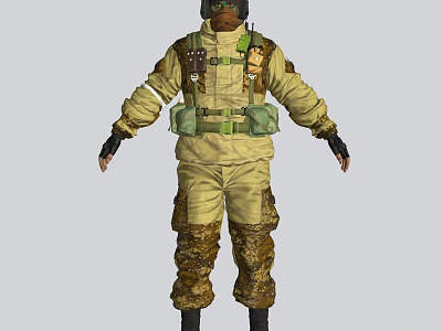 Military Themed Game And Movie Character In Camouflage Uniform With Green Belt And Helmet 3d model