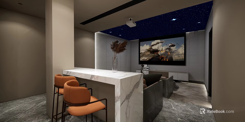 Home Theater Interior With Starry Ceiling Large Screen Sofa Marble Bar And Orange Chairs 3d model 