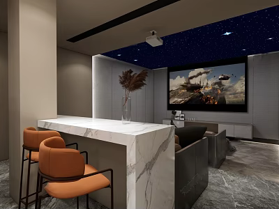 Home Theater Interior With Starry Ceiling Large Screen Sofa Marble Bar And Orange Chairs 3d model