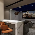 Home Theater Interior With Starry Ceiling Large Screen Sofa Marble Bar And Orange Chairs