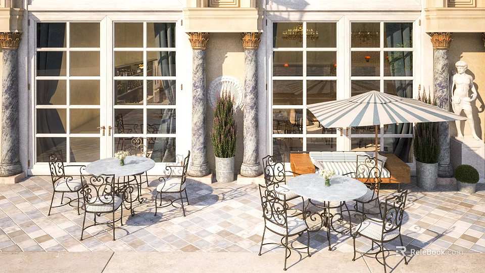 Elegant Restaurant Outdoor Patio with Marble Columns Large Windows Striped Umbrella and Metal Tables Chairs 3d model 
