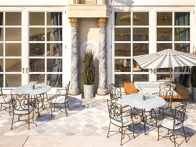 Elegant Restaurant Outdoor Patio with Marble Columns Large Windows Striped Umbrella and Metal Tables Chairs 3d model