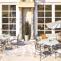 Elegant Restaurant Outdoor Patio with Marble Columns Large Windows Striped Umbrella and Metal Tables Chairs